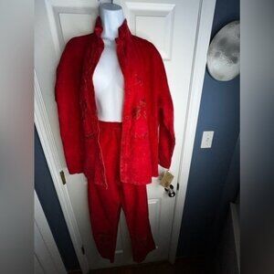 Produce Company Womens Large XL Red Pant Suit Set USA Fall Button Down Top NWT